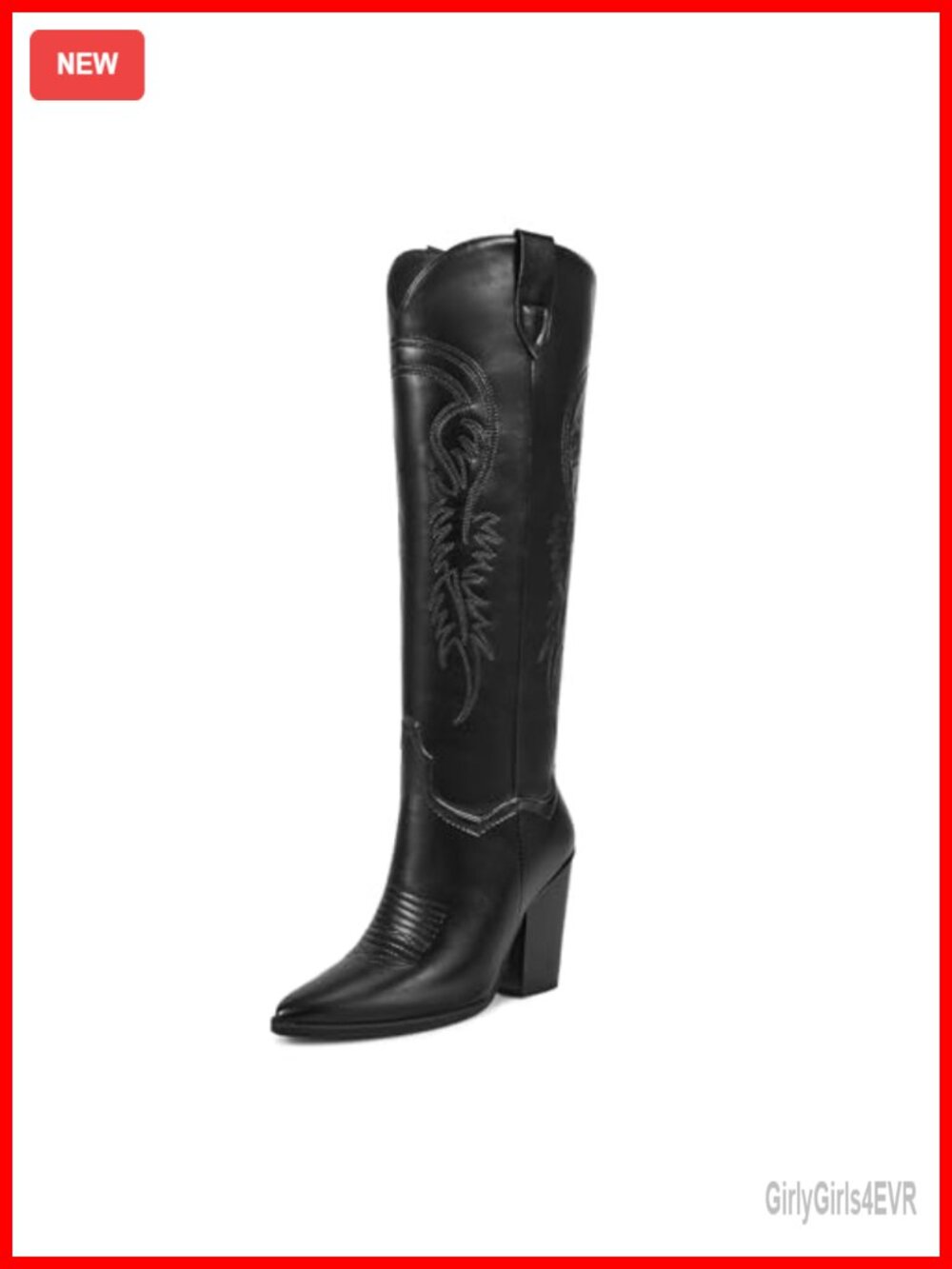 Women's Knee High Cowboy Boots Faux Leather Embroidered Pointed Toe Block Heel